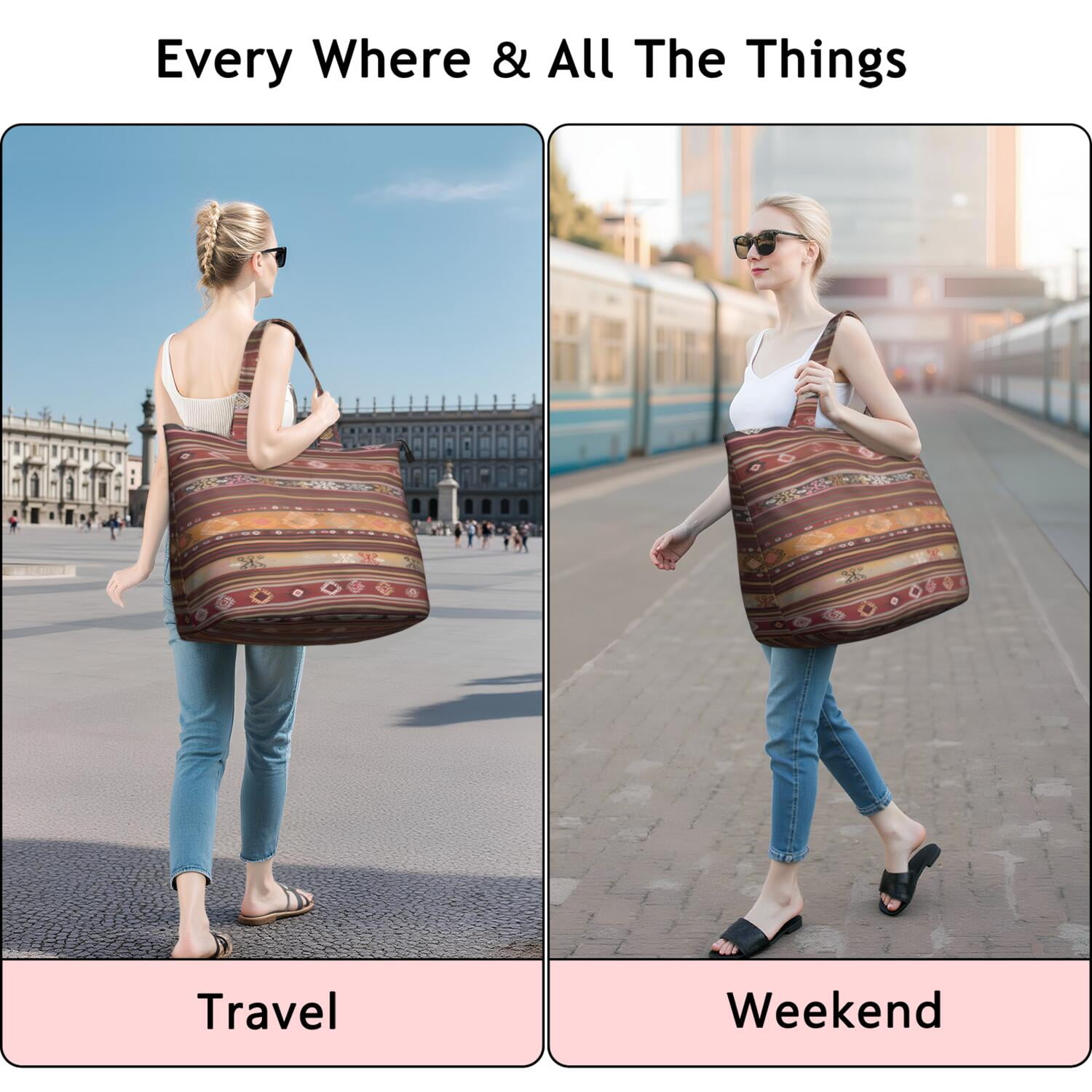 Boho Red Multicolored Ethnic Pattern Travel Tote Bags for Women Carry On,Large Weekender Bags for Women Travel,Multi Functional Duffle Bag for Work,Shopping,Sports