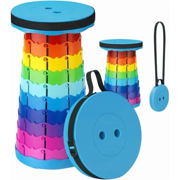 Portable Collapsible Stool – Adjustable Height Folding Stool for Camping, Hiking, Fishing, BBQ, Travel, Outdoor Use Lightweight, Heavy-Duty Support, Portable Seat with Carry Strap (Rainbow)