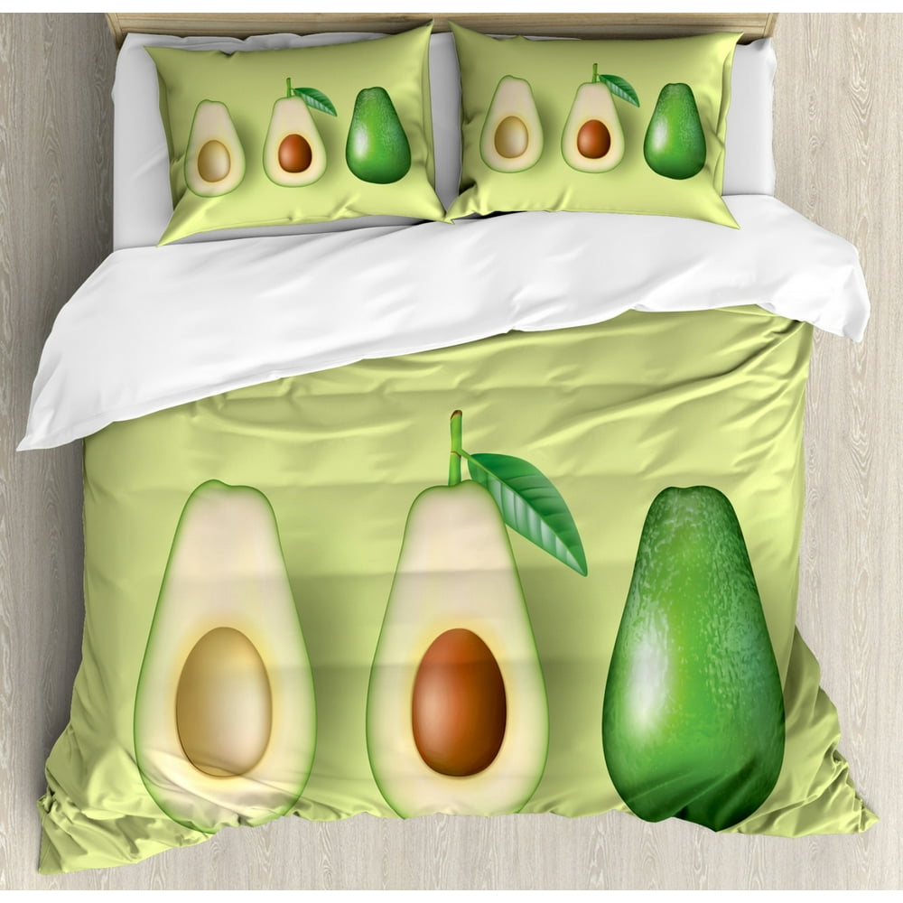Avocado Queen Size Duvet Cover Set, Realistic Avocado Cut in Half Image with Brown Seeds Exotic