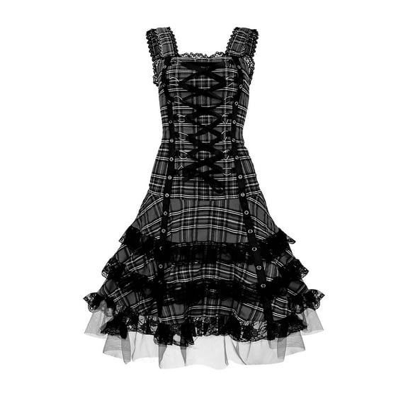 Gothic Mini Dress for Women Punk Plaid Corset Costume Lace Up Ruffle Lolita Cosplay Party Halloween Outfit
