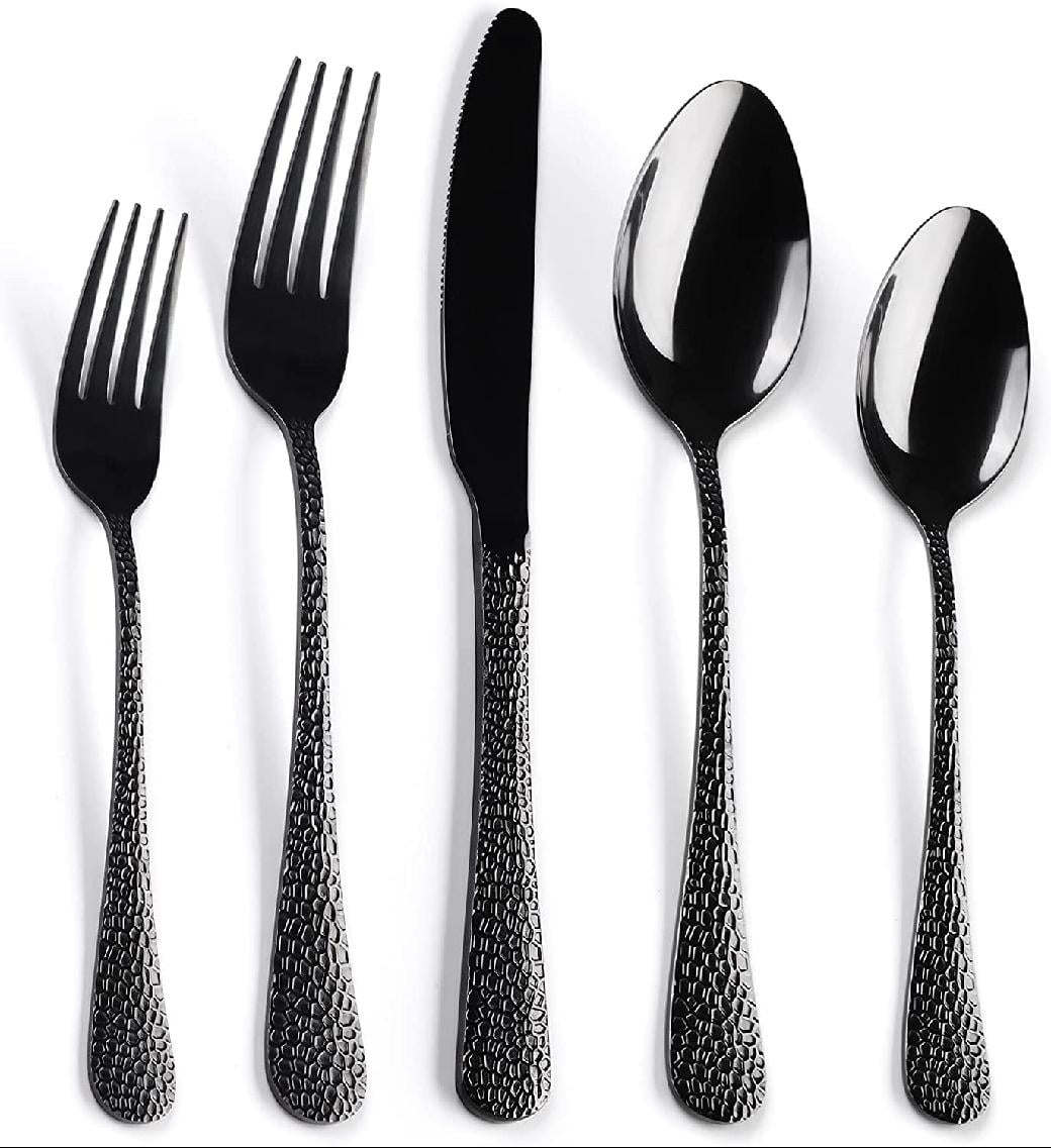 Kelenfer Silverware Set Black Flatware Set Stainless Steel 40 Pieces  Cutlery Set Hammered Pattern Mirror Polished Home Hotel Use Service for 8