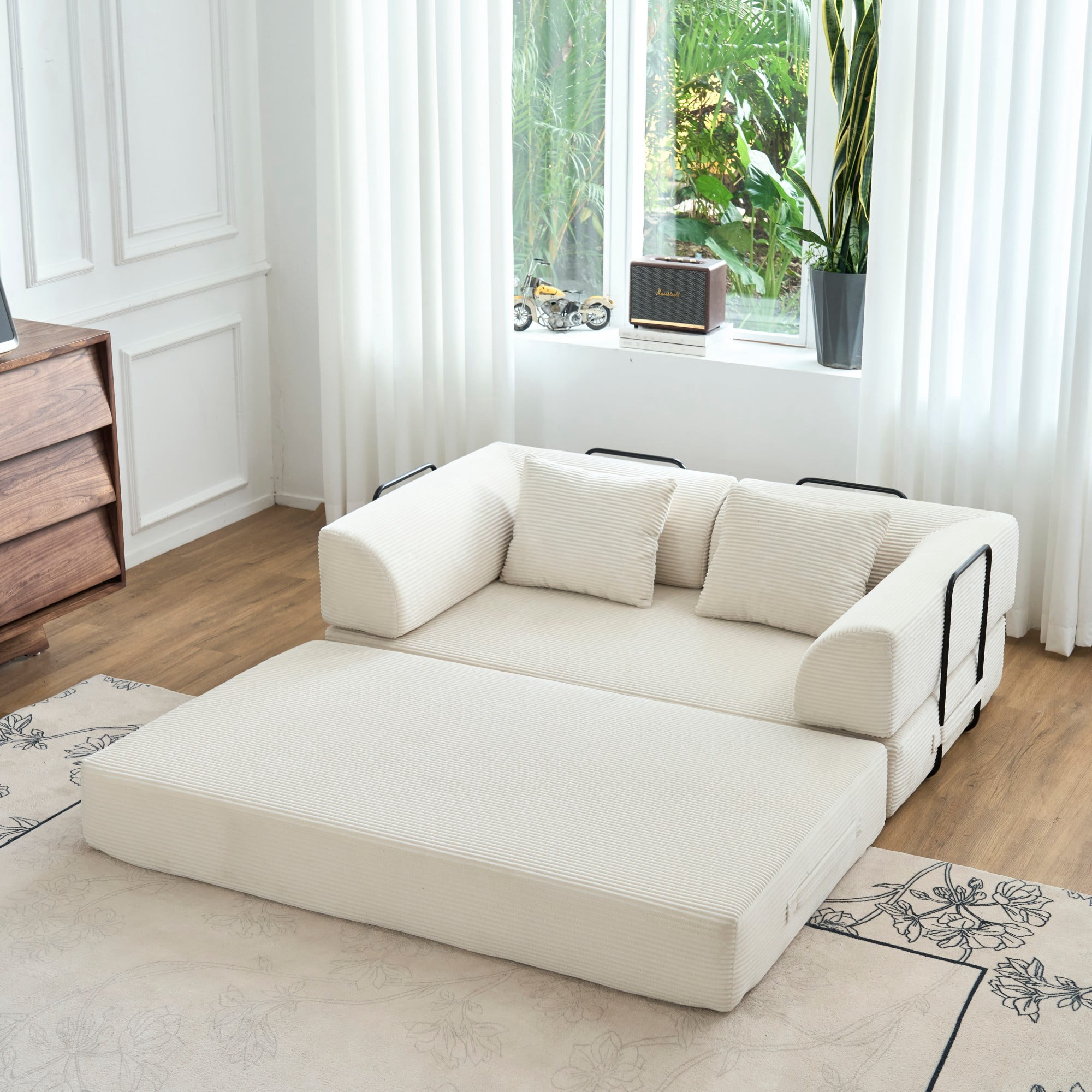 BSHTI 59" Corduroy Convertible Sleeper Sofa Bed with Cylindrical Pillow, No Assembly, Small Space for Living Room（Beige White）