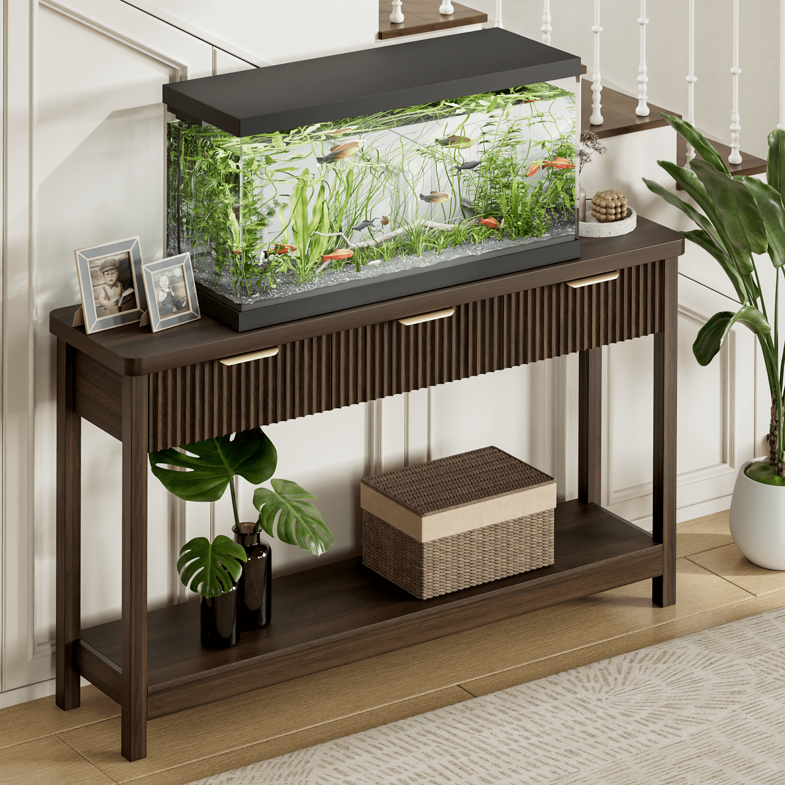 Aufeile 51" Entryway Table, Modern Fluted Console Table with 3 Storage Drawers and Open Shelf, Narrow Sofa Couch Table for Living Room Hallway Entrance Foyer, Walnut, Home Decor