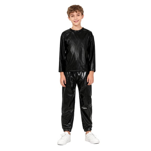 Hansber Kids Boys Girls Jazz Hip Hop Dance Outfit Shiny Metallic Long Sleeve Performance T-Shirt and Pants Set Black 140