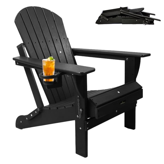 Withniture Folding Adirondack Chair with Cup Holder, HDPE Wood-Textured Outdoor Chair, Space-Saving Patio Chair for Terrace, Lawn, Garden, Backyard Deck (Black)