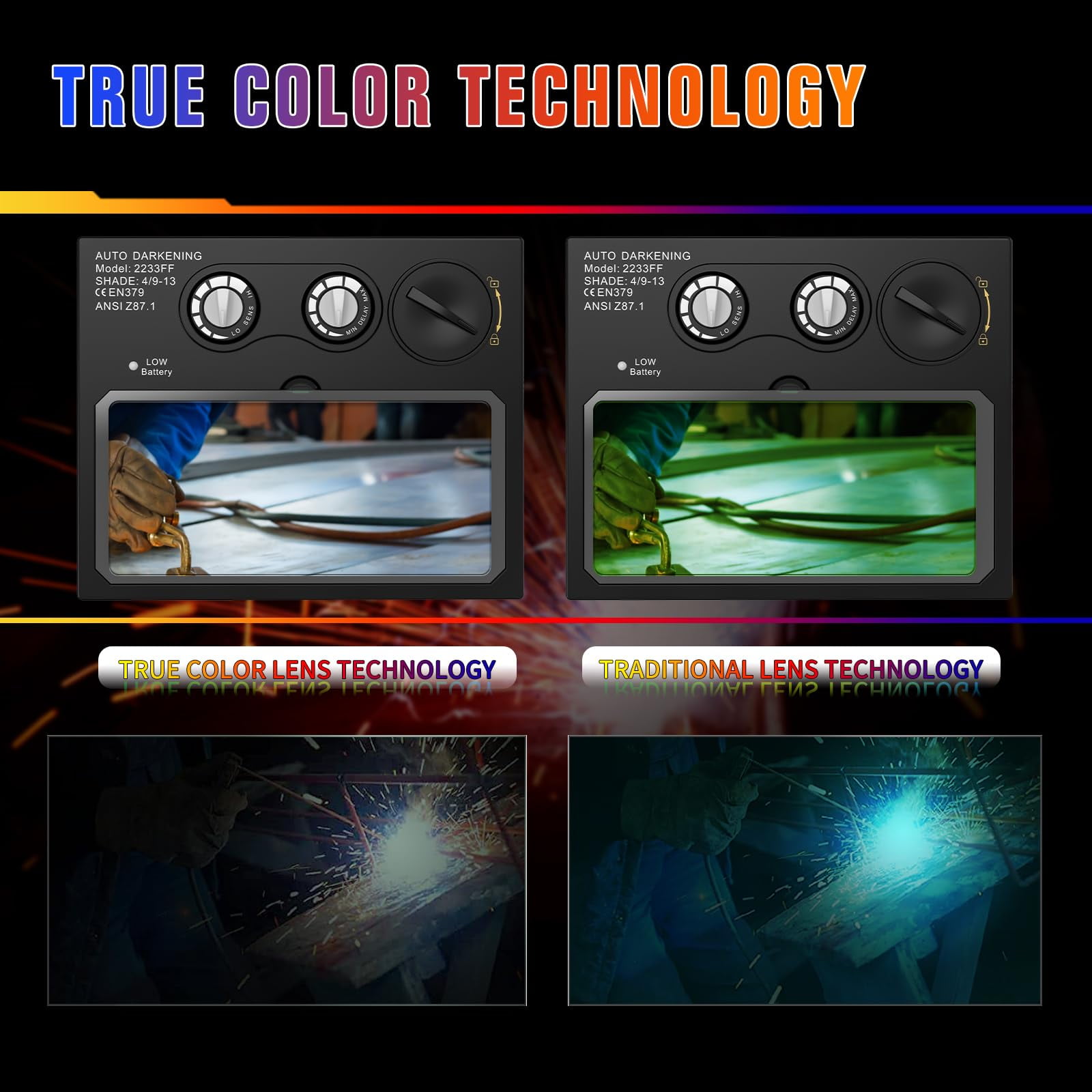 TRQWH Welding Helmet with Light True Color Auto Darkening Welding Helmets for Men Solar Powered Welding Hood with 2 Arc Sensor Wide Shade 4/9-13 for TIG MIG ARC Cool Welder Mask