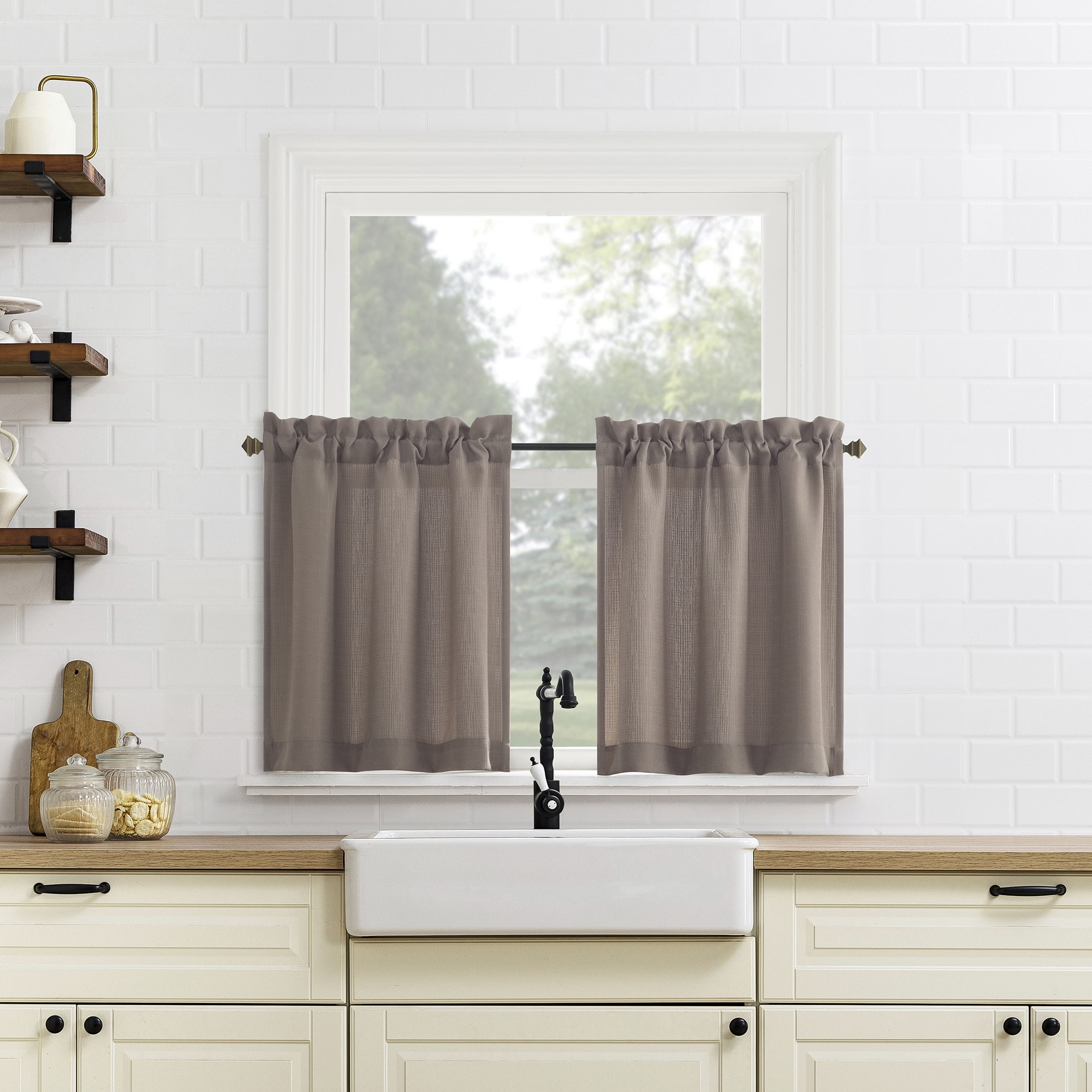 Mainstays 3-Piece Textured Semi Sheer Rod Pocket Kitchen Window Tier Pair and Valance, 2 Café Curtains and 1 Curtain Valance, Beige, 56"W x 36"L