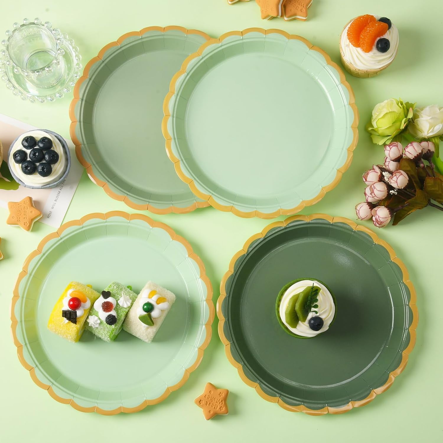 48 Pcs Sage Green Scalloped Party Paper Plates Disposable, 9" Cute Sage Green Dinner Baby Bridal Shower Dessert Birthday Paper Plate for Baby Shower Wedding Party Supplies