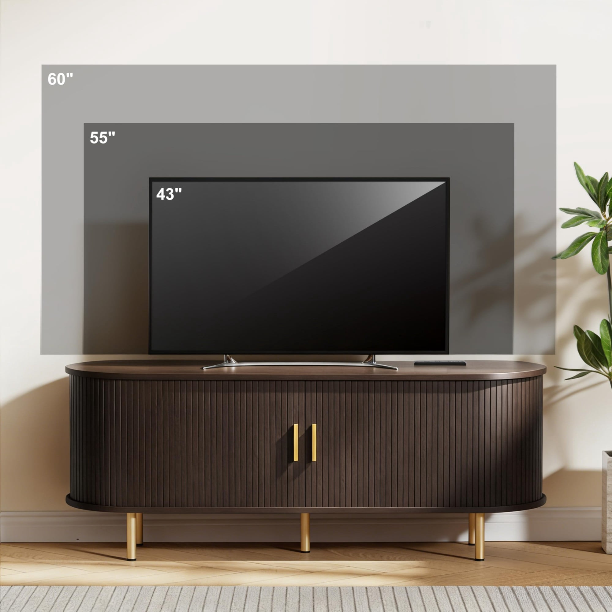 55 Inch Mid Century Modern TV Stand with Power Outlet, Fluted Media Console with Sliding Doors for TVs up to 60 Inch, Coffee