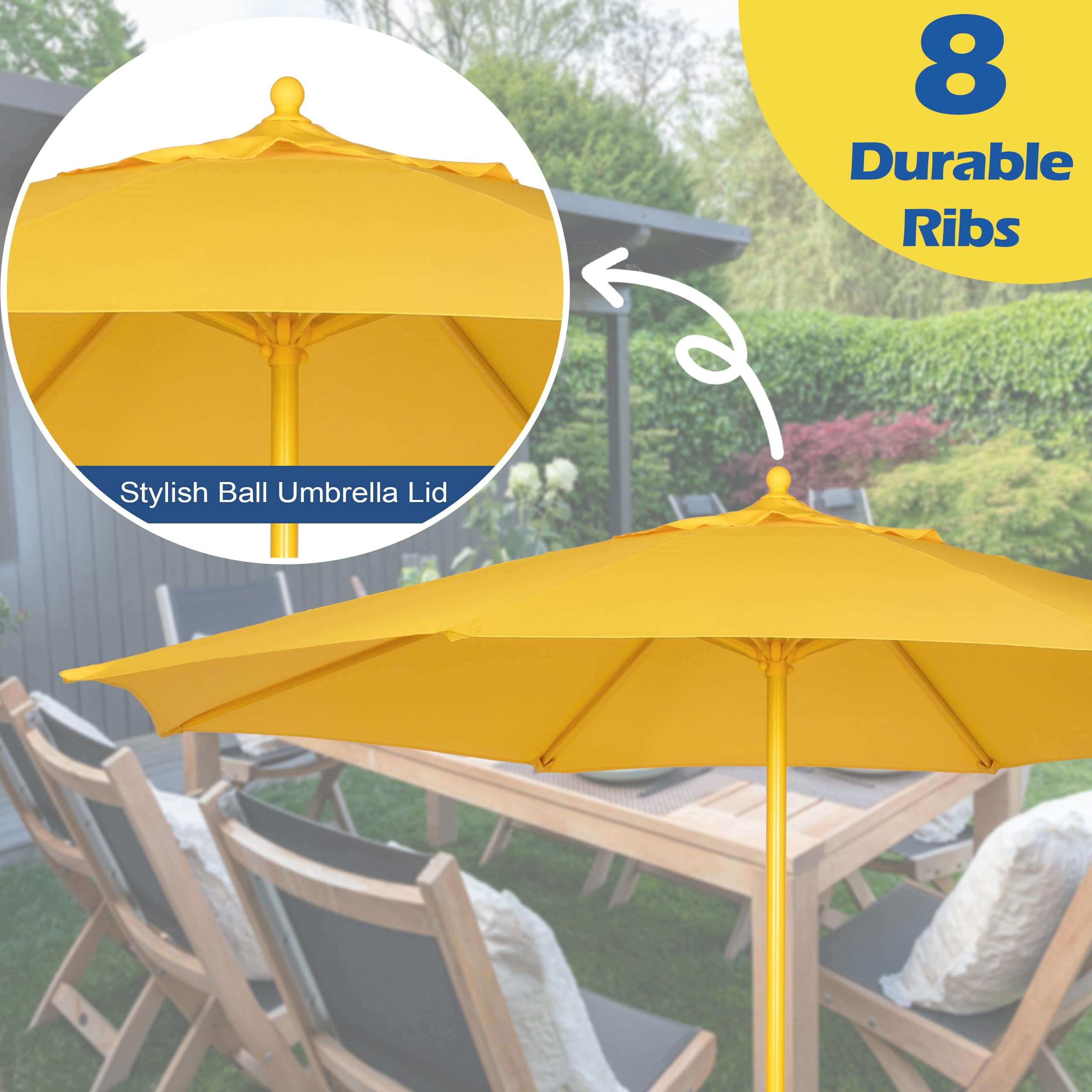Bibana 9FT Outdoor Patio Umbrella, Market Table Umbrella with 8 Sturdy Ribs & Easy Crank System, Fade-Resistant Waterproof Canopy with Air Vent for Garden, Deck, Poolside & Backyard (Yellow)
