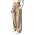thumbnail image 3 of Womens Casual Wide Leg Pants, Elastic Waist Drawstring Solid Color Loose Trousers with Pockets, Lounge Pants for Work Home Daily Travel Wear | VerBelle,Khaki L, 3 of 8