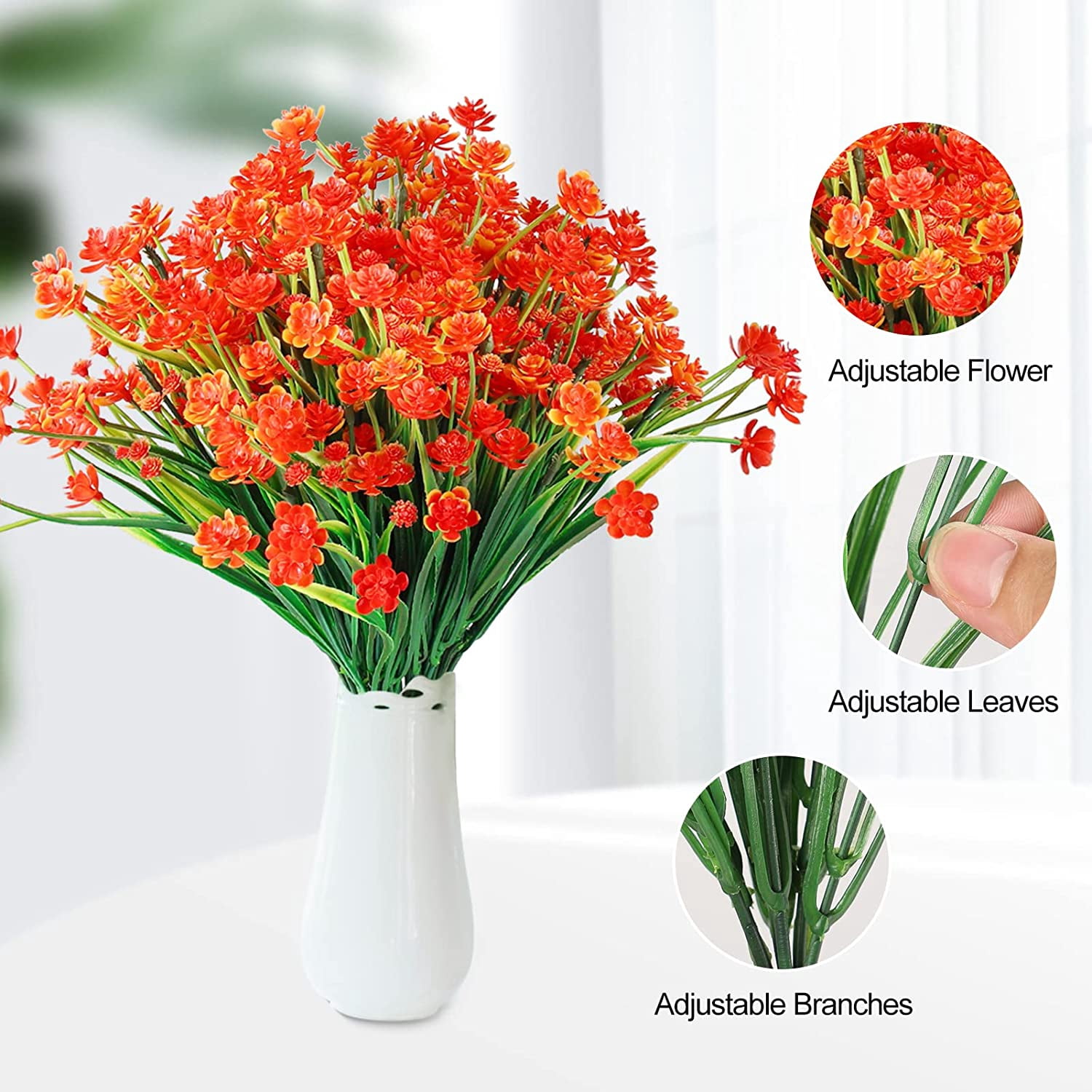 Morttic Artificial Flowers for Outdoors Plastic UV Resistant Faux Flowers Decoration Greenery Garden Shrubs，Bulk Fake Flowers in Vase (Orange 4pcs)