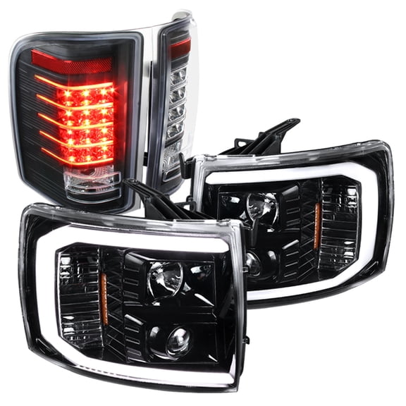 Spec-D Tuning LED Light Bar Jet Black Housing Clear Lens Projector Headlights Glossy Black LED Tail Lights Compatible with Chevrolet Silverado Left Right Pair Headlamps Assembly