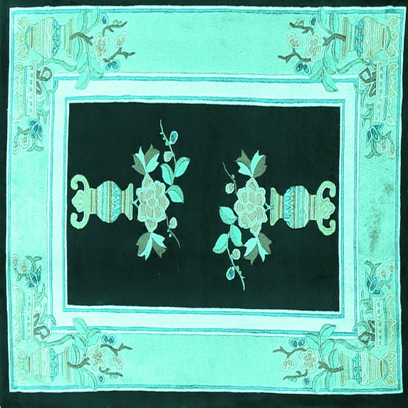 Ahgly Company Machine Washable Indoor Square Oriental Turquoise Blue Asian Inspired Area Rugs, 6' Square