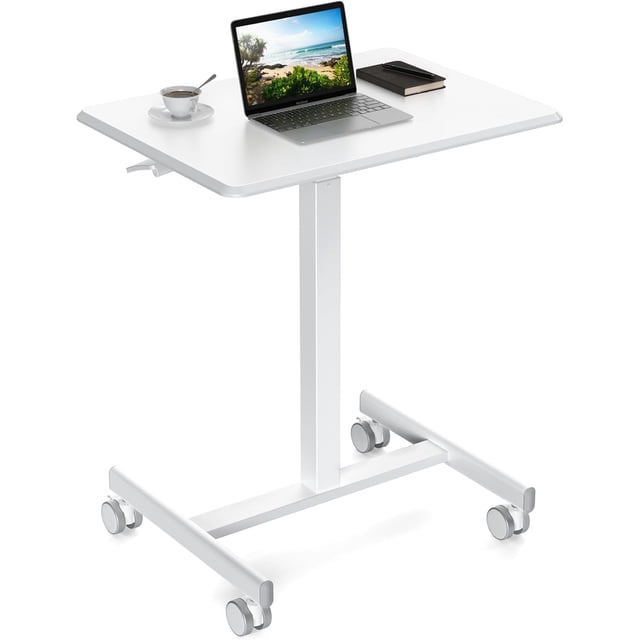 Small Adjustable Ergonomic Standing Desk, Compact Workstation Mobile Sit-Stand Desk with Pneumatic Height Adjustment, Lockable Rolling Desk for Home Office, White