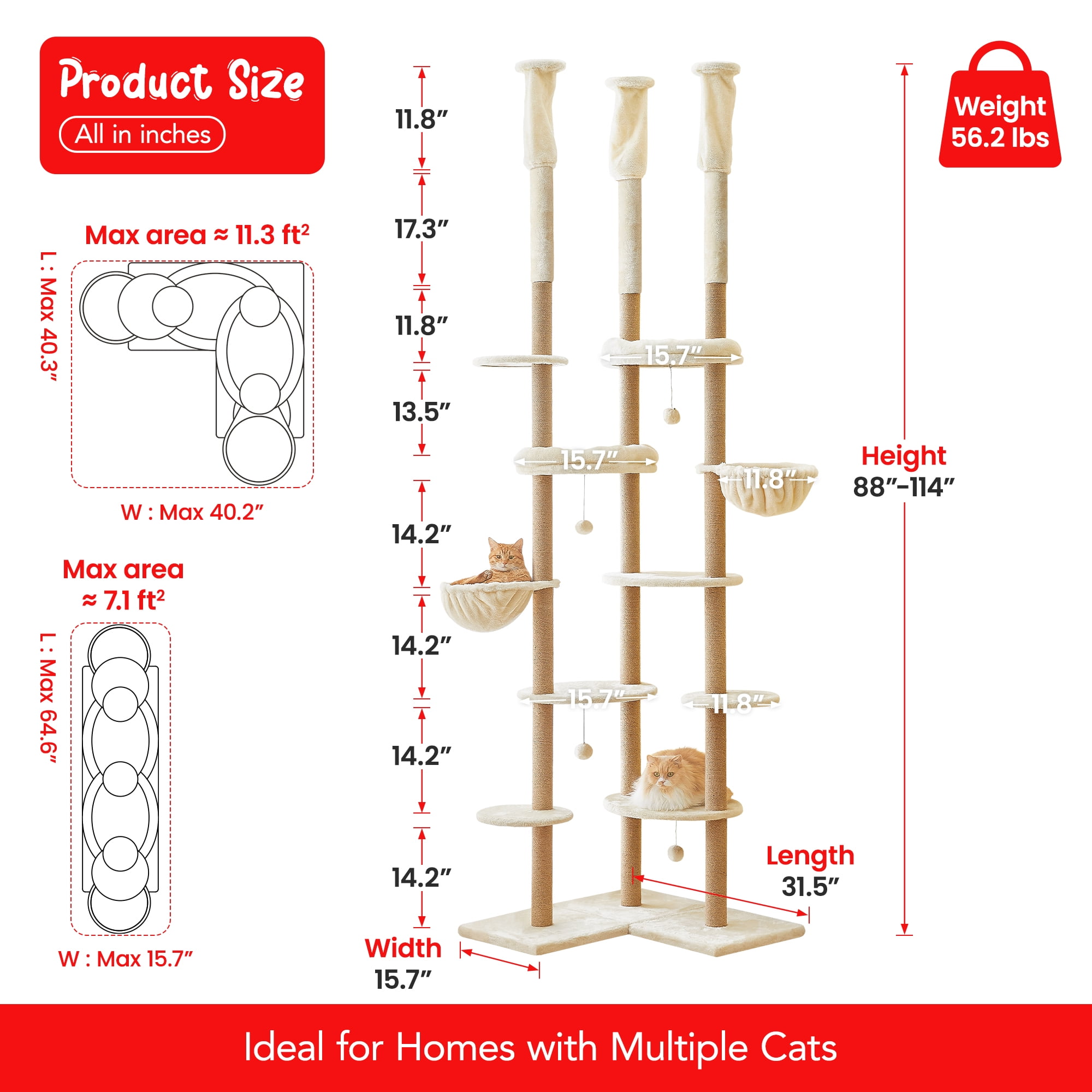 Floor to Ceiling Cat Tree, Tall Cat Tower Adjustable Height (88”-114”=223-290CM), 6-Tier Cat Climbing Tower with 18 Fully Sisal Scratching Posts,Beige