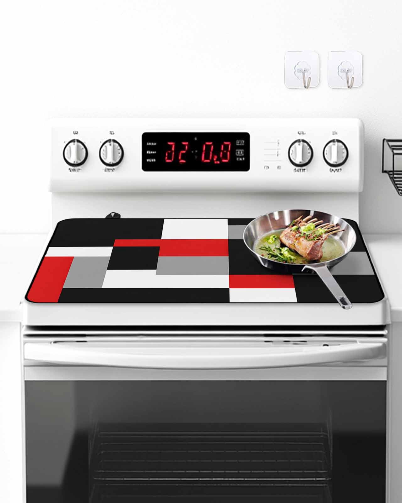 Stove Top Covers for Electric Stove, Red Black Grey Geometric Glass Stovetop Cover Protector, Modern Abstract Art Luxury Induction Cooktop Protector Oven Mat for Kitchen Countertop 24"x21"