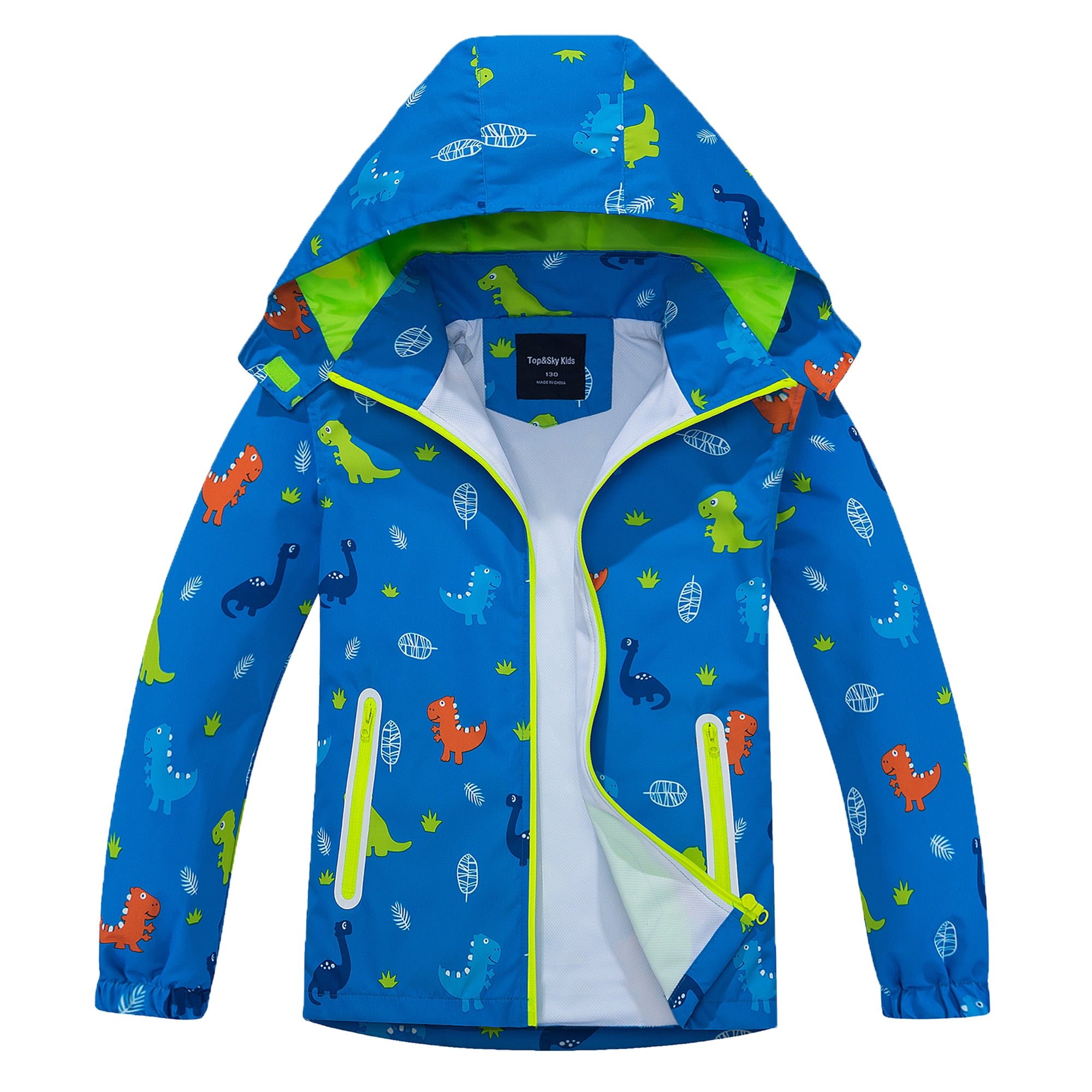 Hiheart Boys Hooded Rain Jacket Kids Dinosaur Waterproof Lined Raincoat