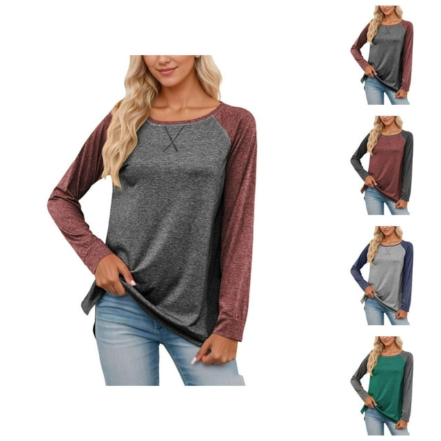 Women's Long Sleeve Shirts 2026 Spring Fashion Crewneck Raglan Sleeve Relaxed Fit Color Block Casual T Shirts