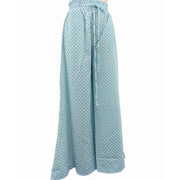 Pantalones Anchos de Pierna para Mujer, Pantalones Palazzo Florales Fluidos para Mujer, Pantalones Casuales de Verano de Cintura Alta. Estampado Azul S
