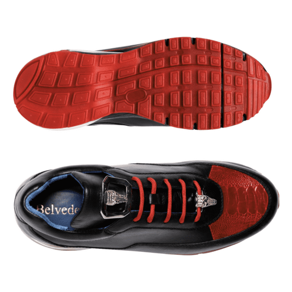 Belvedere Flash Sneaker Genuine Ostrich and Soft Italian Calf Black Red E01