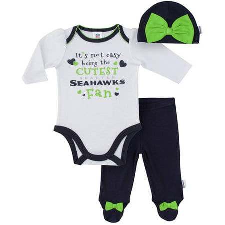 NFL Seattle Seahawks Baby Girls Bodysuit, Pant and Cap Outfit Set, 3pc