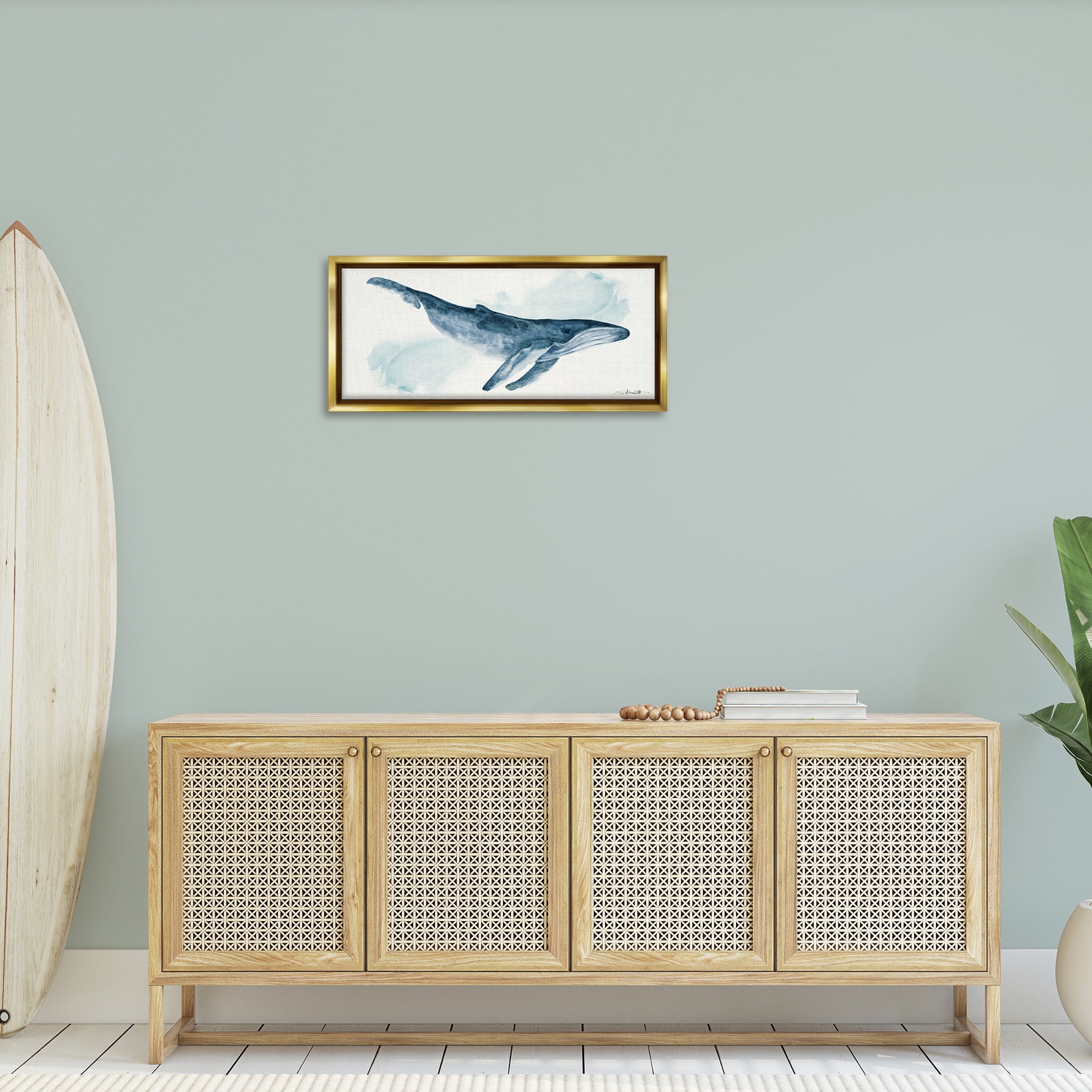 Stupell Industries Nautical Humpback Whale Animals & Insects Painting Gold Floater Framed Canvas Art Print Wall Art, 31 x 14