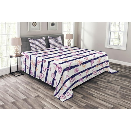 - Girls Bedspread Set, Old Medieval Vintage Keys with Ribbons and Diamonds Striped Pattern in French Style, Decorative Quilted Coverlet Set with Pillow Shams Included, Purple Blue, by Ambesonne