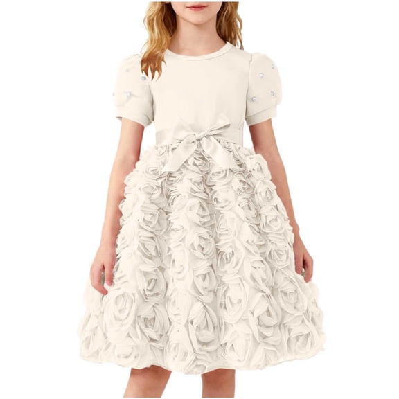 IFNWSV Girls Dresses Kids Solid Color Round Neck Short Sleeve Dress Mesh Bow Casual and Comfortable Skirt Beige 6-7 Years