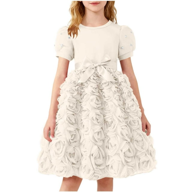 SBYOJLPB Robe Unie pour Enfants Col Rond Manches Courtes Robe d'Été Fille en Maille avec Nœud Jupe Décontractée et Confortable