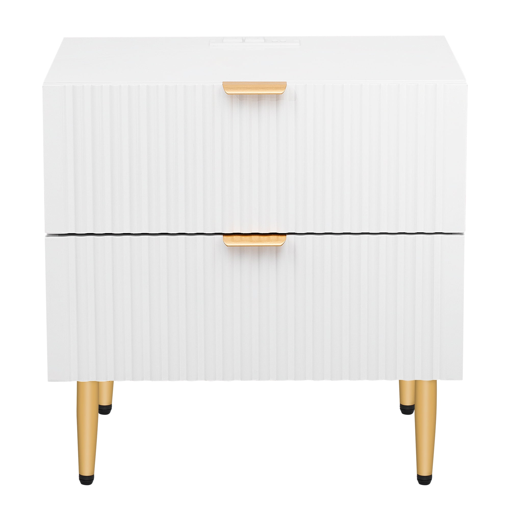 Resenkos Modern White Nightstand with USB Charging Ports for Bedroom, Storage Bedside Table with Wood Leg
