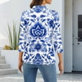 thumbnail image 7 of Women's 3/4 Sleeve Button Up Shirt with Lapel Collar and Floral Print, Casual Fashion Top for Daily Wear, Lightweight Summer Blouse Blue L, 7 of 7