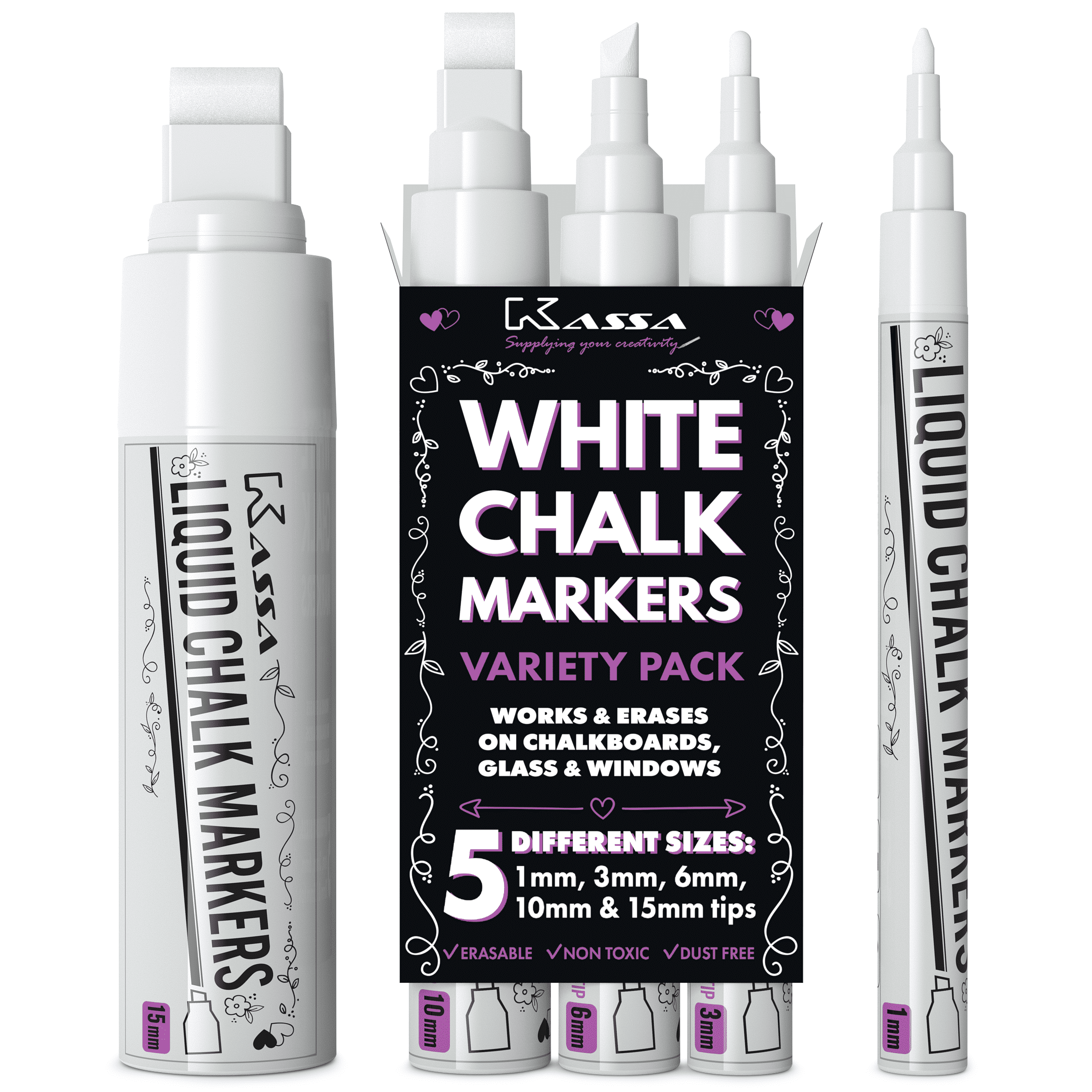 4 White Chalk Pens 6mm Reversible Nib for Non Porous Surfaces 