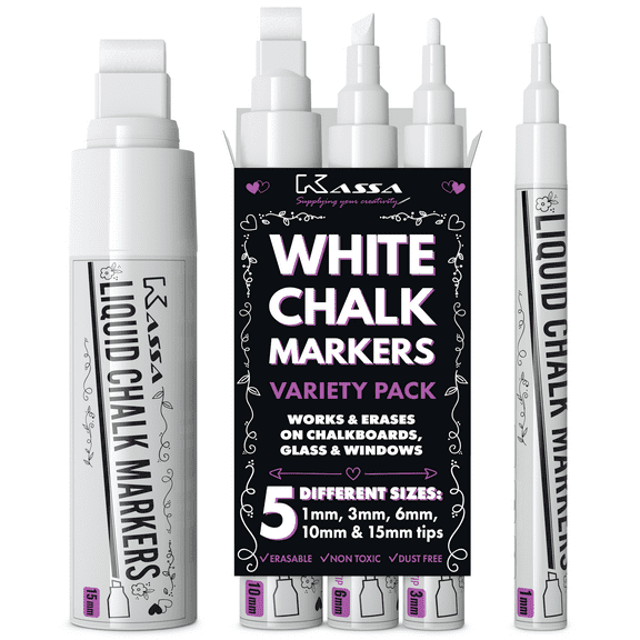 Kassa White 5 Pack Liquid Chalkboard Markers: Erasable Blackboard, Washable Paint Reversible Dual Tip