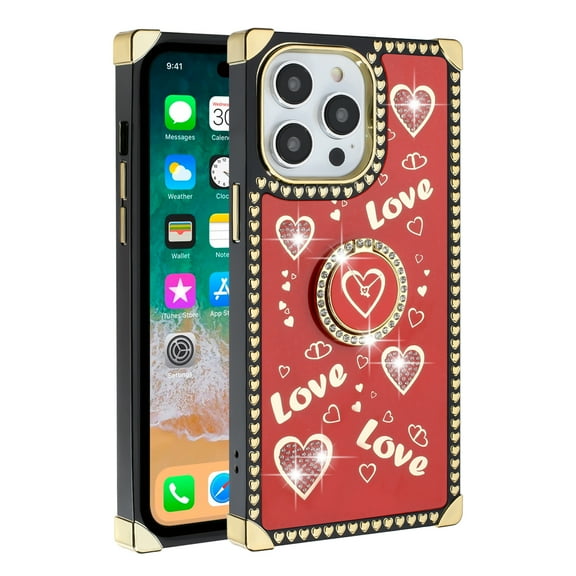 For iPhone 15 Pro Passion Hearts Bling Glitter Love Design Ring Stand Case Cover - Red