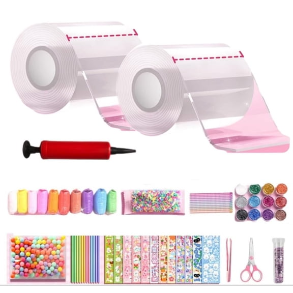 Glitter Bubble Nano Tape Squishy Set, Elastic Double Sided Craft Set for DIY Stress Ball Making, Nano Tape Bubble Kit with Glitter, Straw, Clamps and Stickers (Q)