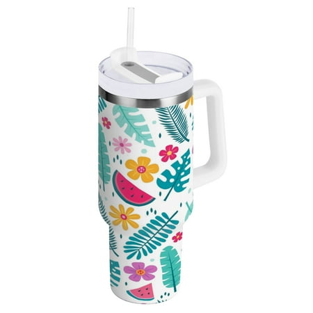

30oz Travel Mug with Straw Car Bottle Insulated Mug with Handle Reusable Stainless Steel Water Bottle for Car Travel Home Flat Tropical Flower and Leaves
