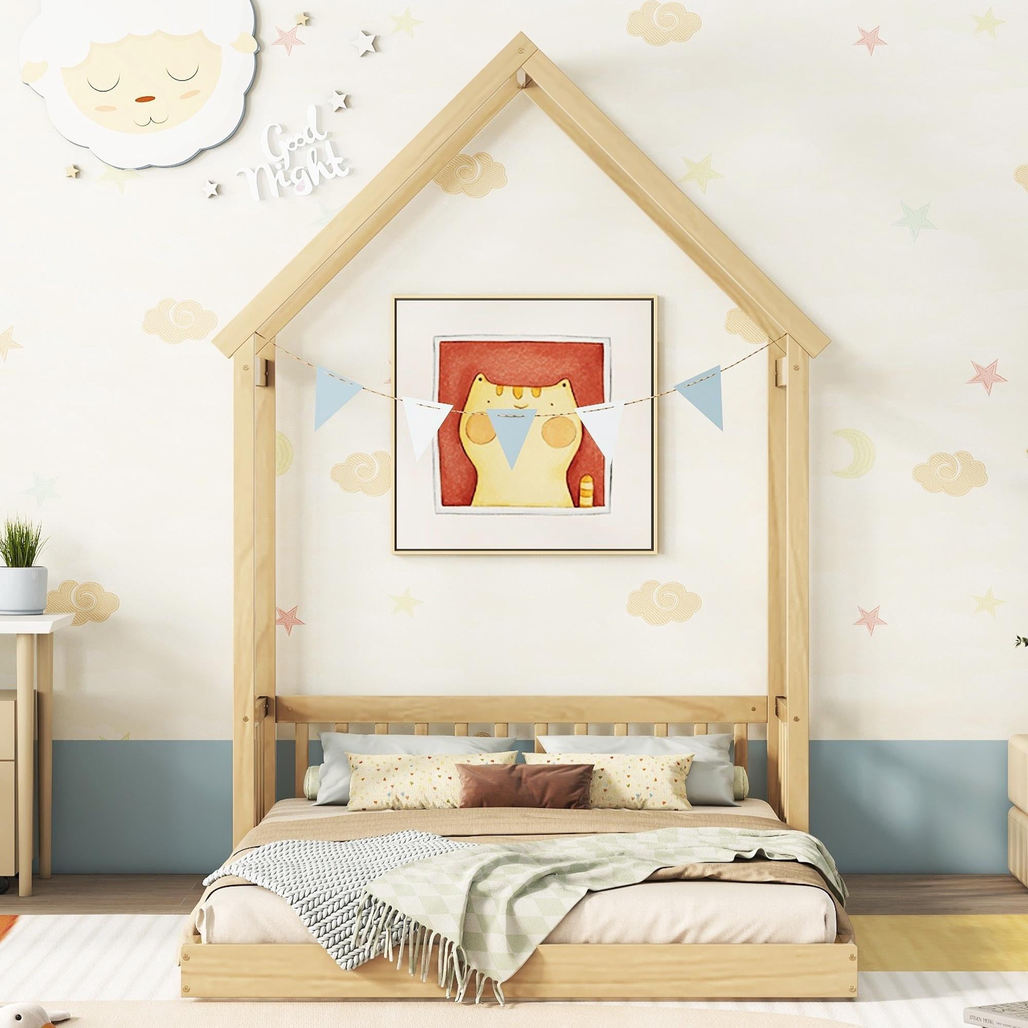 PORKISS Full Size Floor Bed for Kids, Wood Montessori Bed with House-shaped Roof, Natural