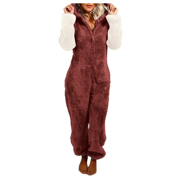 SZJXBUY Funny Adult Onesie Pajamas Color Block Fleece Zipper Sherpa Jumpsuit with Hooded Ears Plus Size Sleepwear One Piece Loungewear Rompers Wine,XXXL