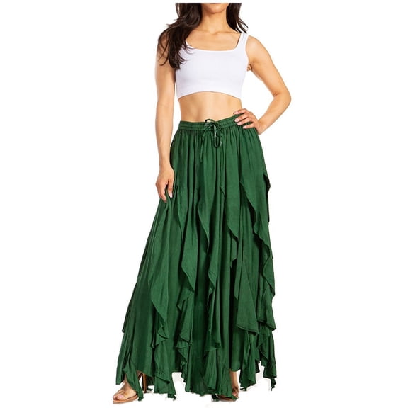 Sakkas Nova Womens Bohemian Stonewashed Rayon Asymmetrical Hem Maxi Swing Skirt - Green - Plus Size
