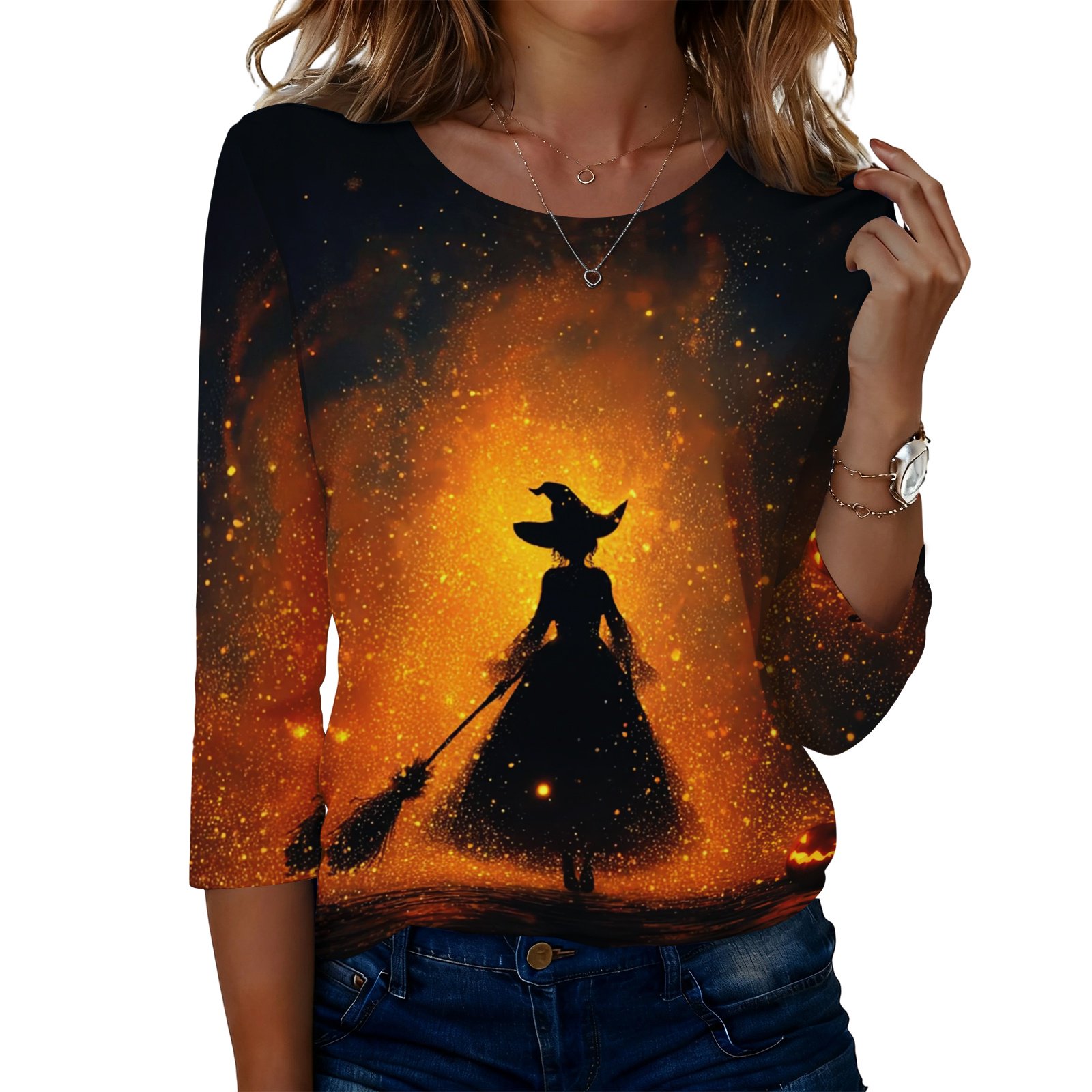 Halloween Shirts for Women Funny 3/4 Sleeve Pullover Spooky Witch Printed Tops Horror Round Neck T Shirts Holiday Three Quarter Length Blouses, 3XL