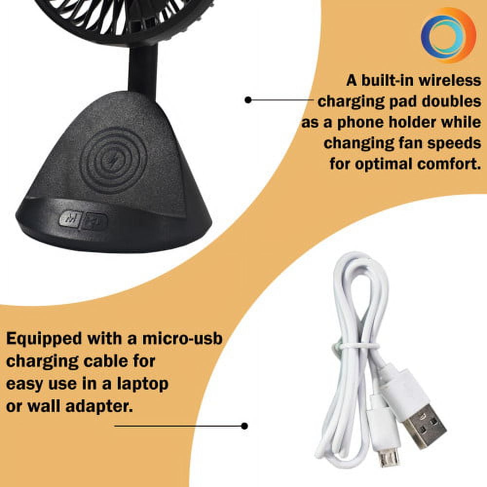 Comfort Zone 4” 3-Speed Rechargeable Fan w/Built-In Wireless Charger, Black