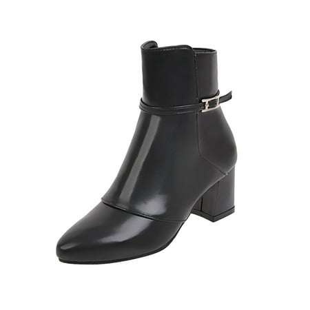 

Mens Simple Solid Color Leather Belt Buckle Side Zipper Thick High Heel Short Boots