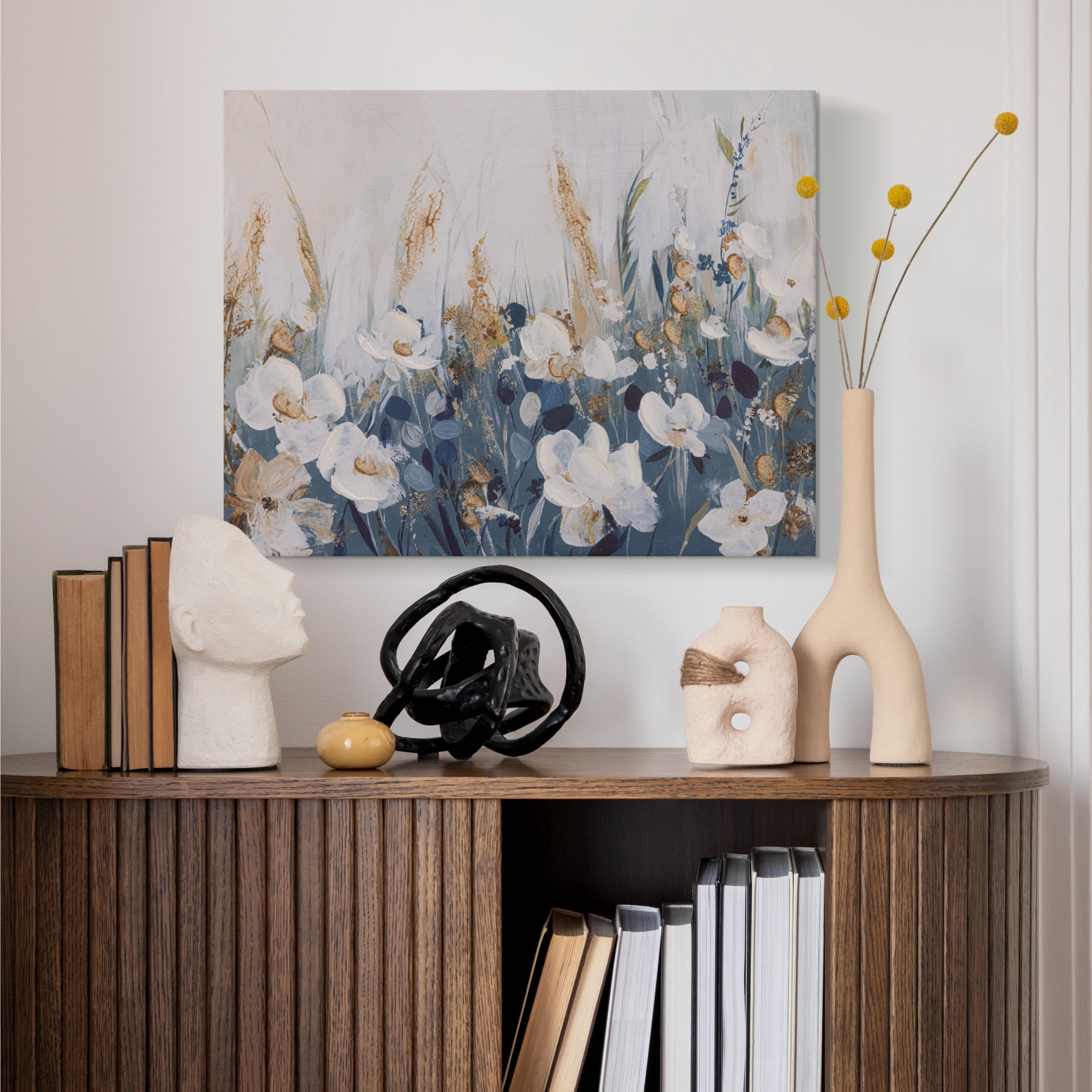 Gallery Solutions 28x22 Floral Unframed Canvas Art - Hand-Painted Embellishments with Gold Glitter and Stucco Texture for Elegant Wall Decor