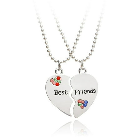 Two Piece Best Friend Broken Heart Crystal Silvertone Anti-Tarnish Necklace Pendant,