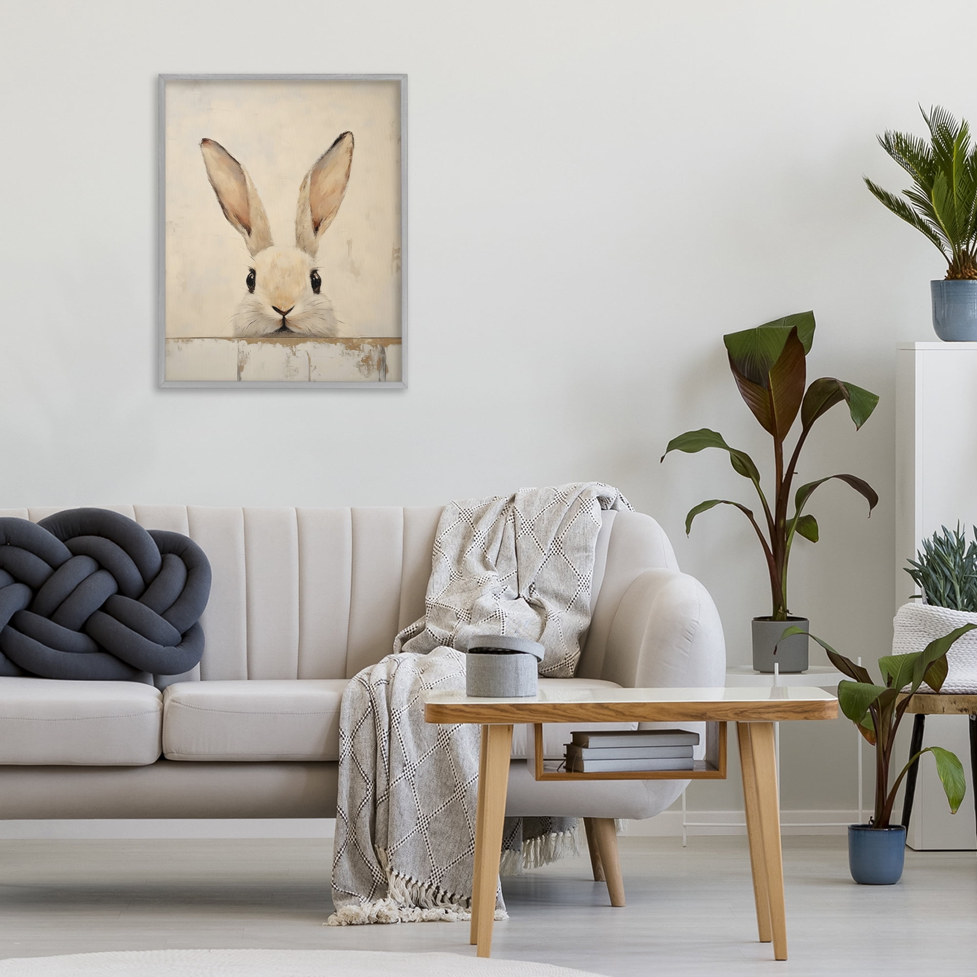 Stupell Industries Peeking Bunny in Soft Neutrals Gray Framed Giclee Art, design by LSR Design Studio