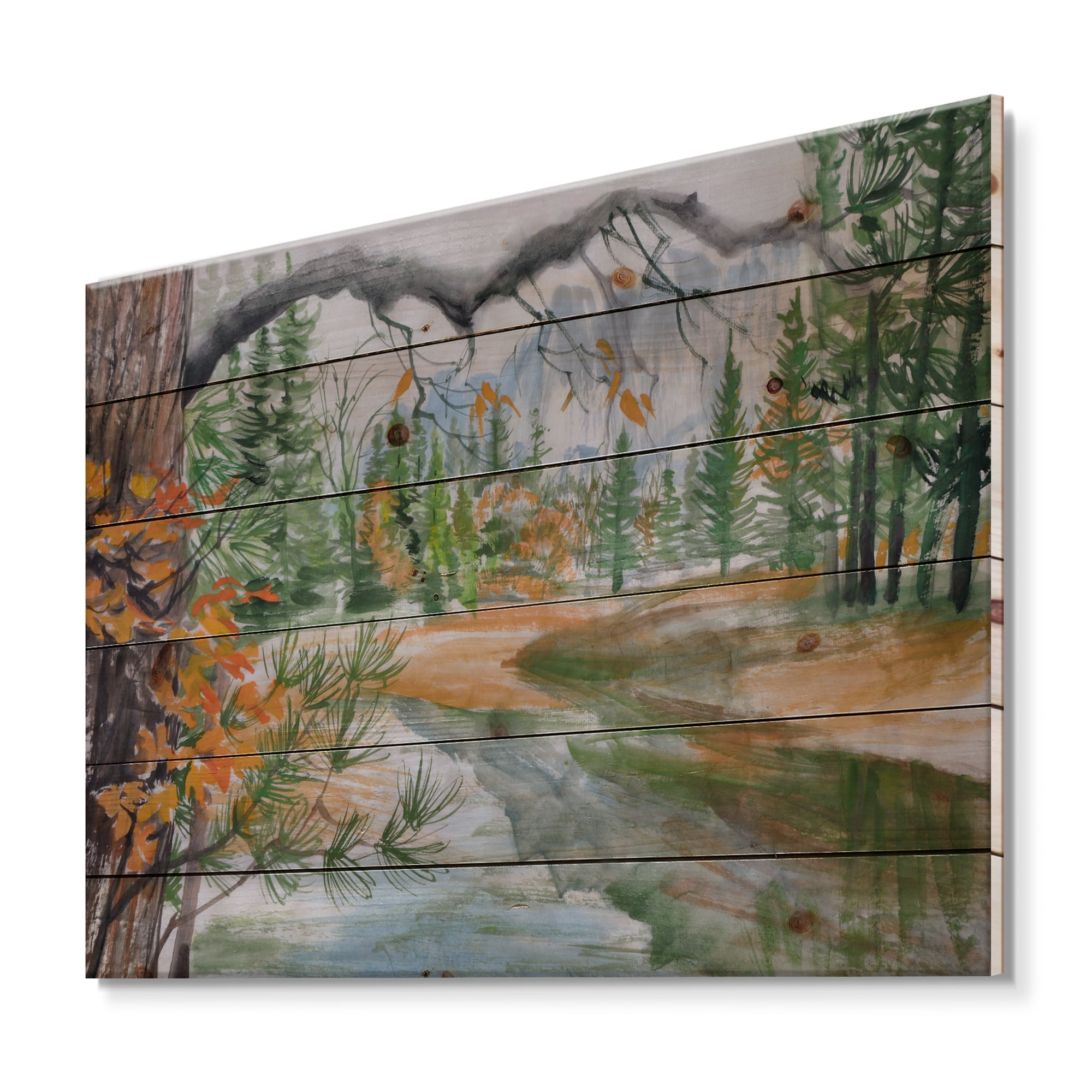 Designart 'Trees With River In Autumn Forest' Lake House Print on Natural Pine Wood