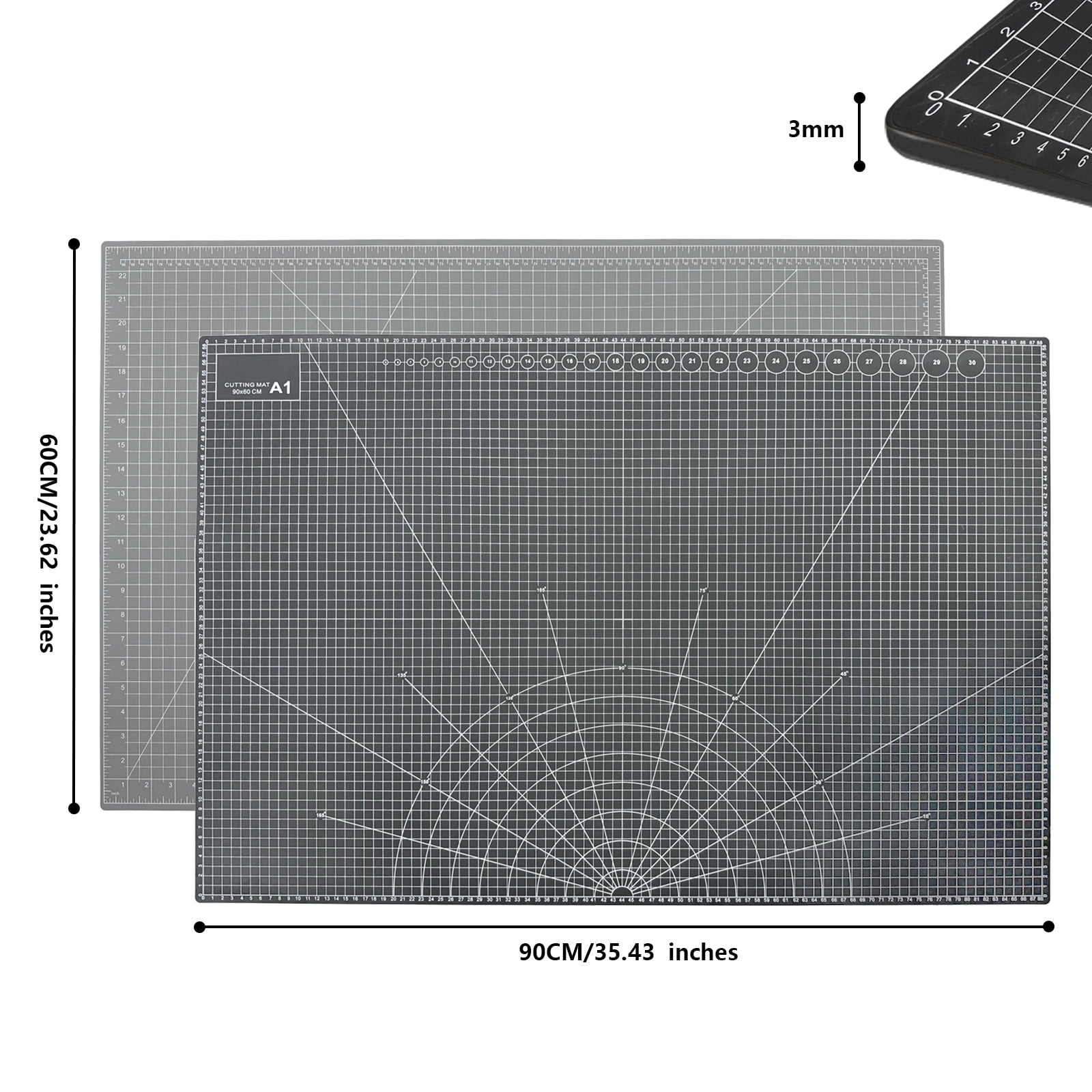FrenzyBird 35" x 23" Large Self Healing PVC Cutting Mat, Double Sided, Gridded Rotary Cutting Board for Craft, Quilting, Fabric, Scrapbooking，Sewing（A1-Black or Gray）