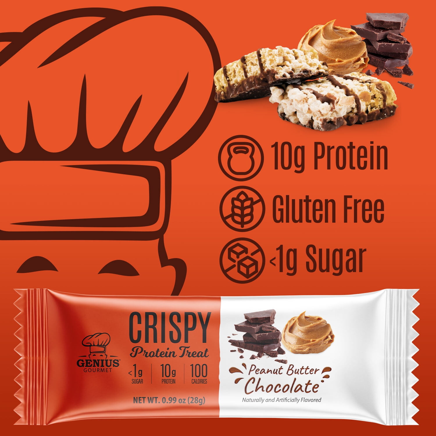 Genius Gourmet Crispy Protein Treat - Peanut Butter Chocolate Low Carb Low Sugar Snacks (10 Protein Bars)