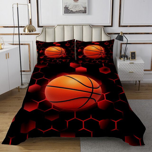 Erosebridal Ball Game Basketball Coverlet Set King,Neon Hexagon Bedding Set,Geometry Decor,3-Piece